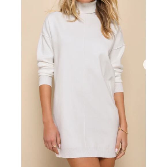 LULU'S L Ivory Toasty Perfection White Turtleneck Mini Sweater Dress NEW B84 - Picture 1 of 9